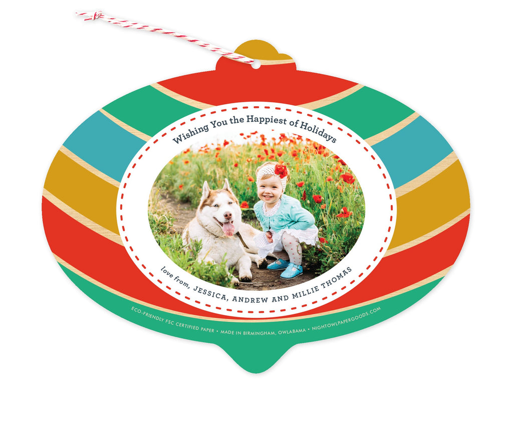 Merry Bulb Custom Holiday Ornament Card - Wood or Paper